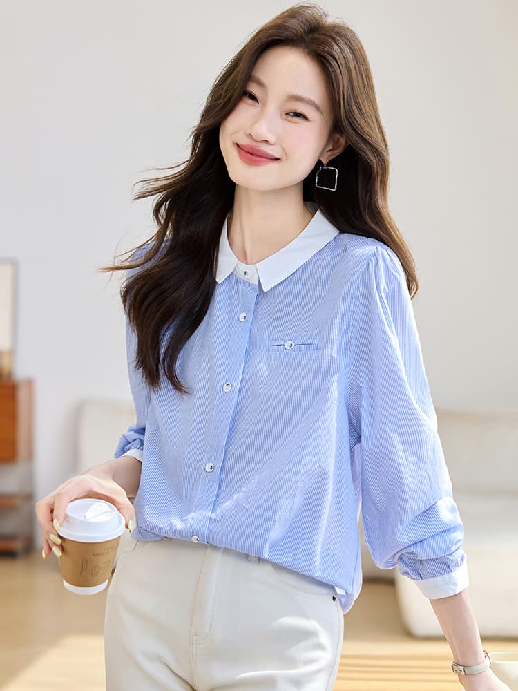 실사 2026 가을 새로운 세로 줄무늬 미니멀리즘 셔츠 여성 긴 소매 학원 스타일 광장 칼라 배색 맨위 이미지 3