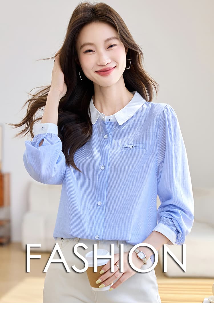 실사 2026 가을 새로운 세로 줄무늬 미니멀리즘 셔츠 여성 긴 소매 학원 스타일 광장 칼라 배색 맨위 상세 이미지 1
