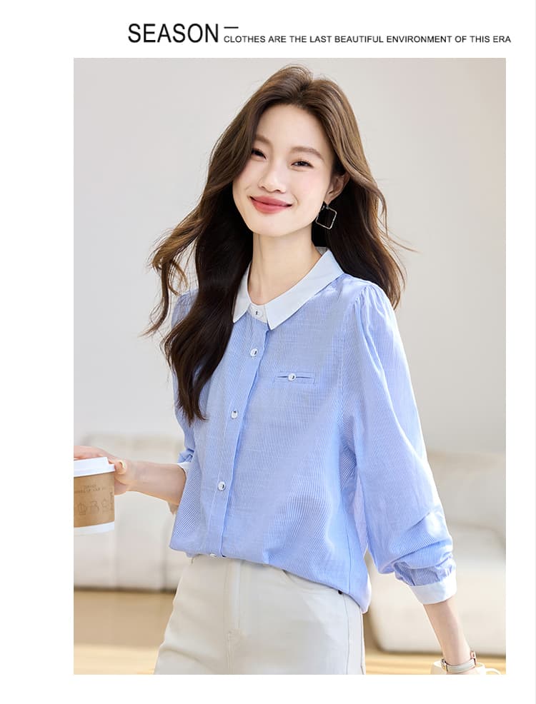 실사 2026 가을 새로운 세로 줄무늬 미니멀리즘 셔츠 여성 긴 소매 학원 스타일 광장 칼라 배색 맨위 상세 이미지 5
