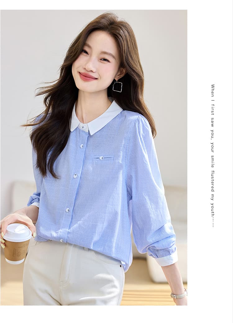 실사 2026 가을 새로운 세로 줄무늬 미니멀리즘 셔츠 여성 긴 소매 학원 스타일 광장 칼라 배색 맨위 상세 이미지 6