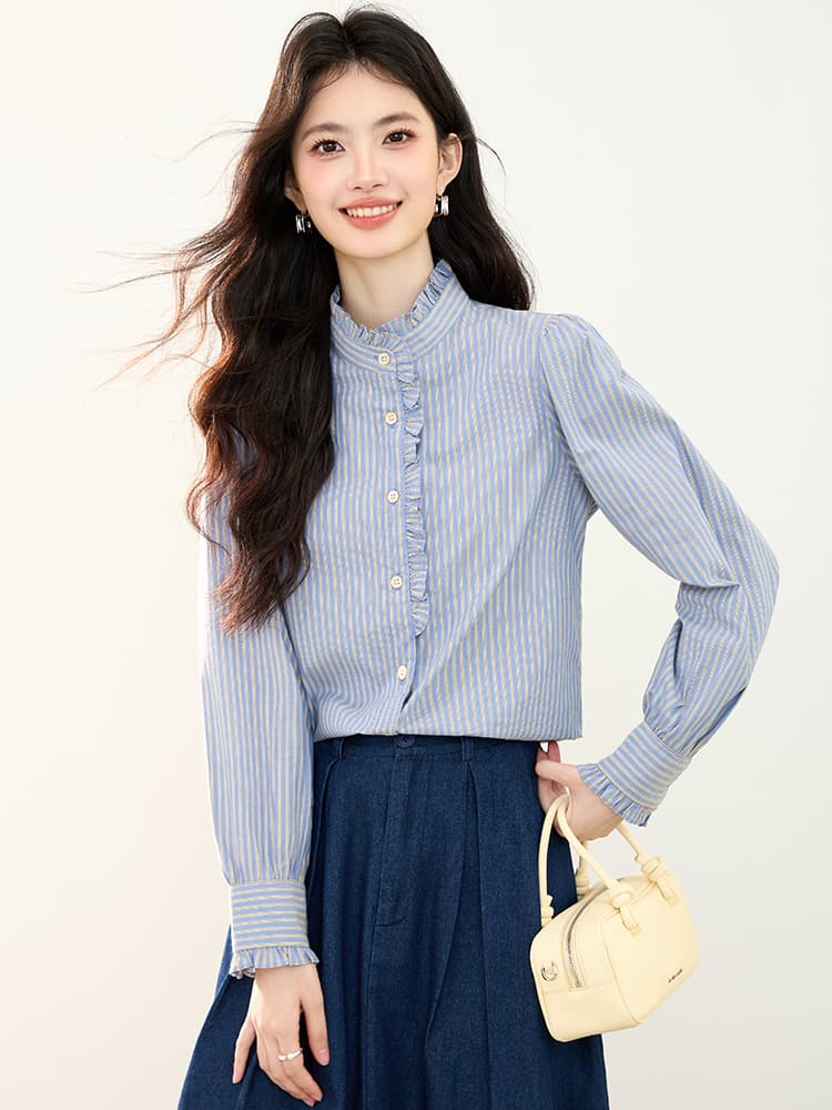 실사 2026 가을 패션 품격 세로 줄무늬 프릴 패치워크 루즈핏 긴팔 셔츠 맨위 이미지 2
