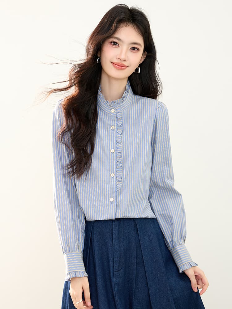 실사 2026 가을 패션 품격 세로 줄무늬 프릴 패치워크 루즈핏 긴팔 셔츠 맨위