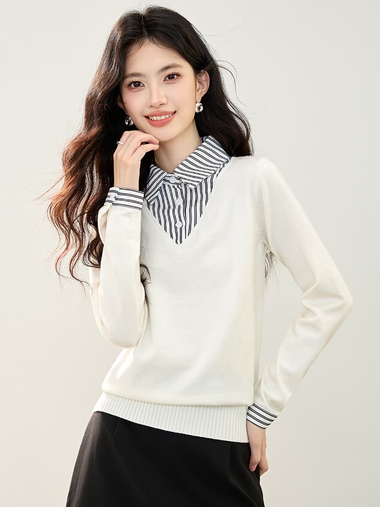 실사 2026 가을 한국 스타일 패션 세로 줄무늬 패치워크 페이크 레이어드 다용도 긴팔 셔츠 맨위 여성 이미지 4