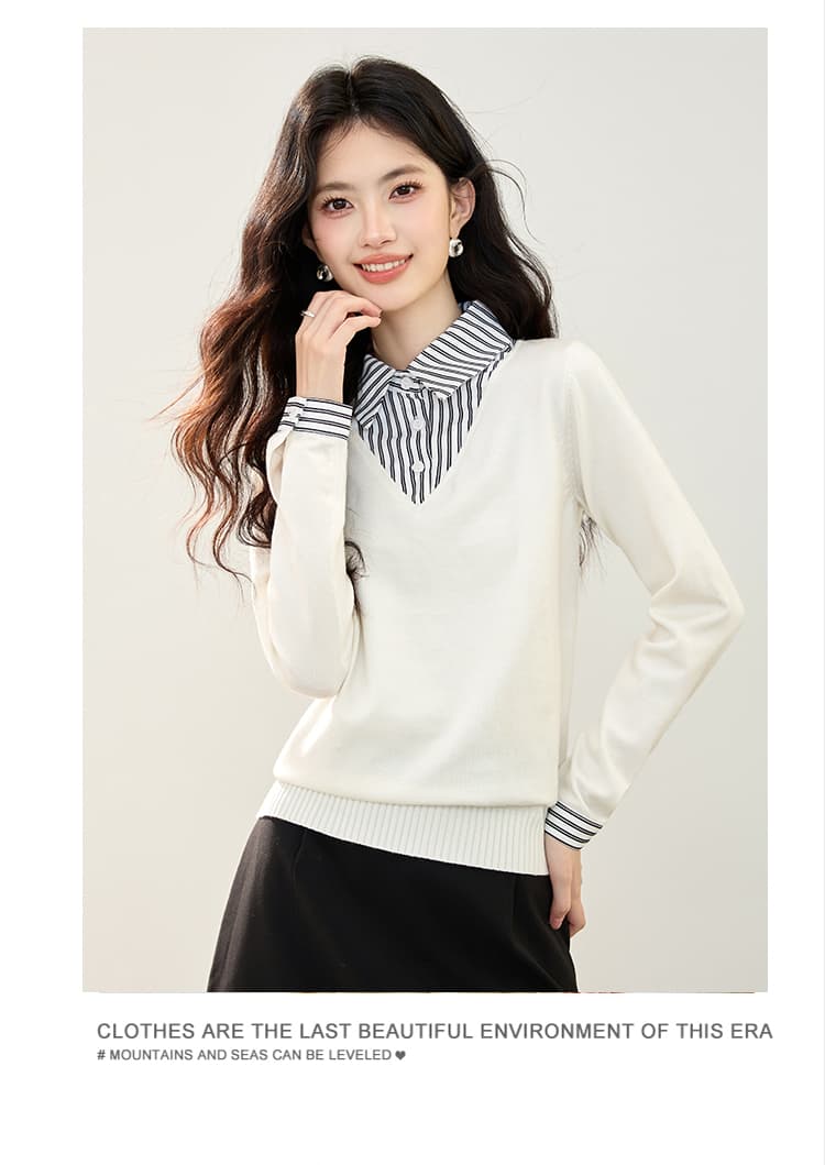 실사 2026 가을 한국 스타일 패션 세로 줄무늬 패치워크 페이크 레이어드 다용도 긴팔 셔츠 맨위 여성 상세 이미지 9