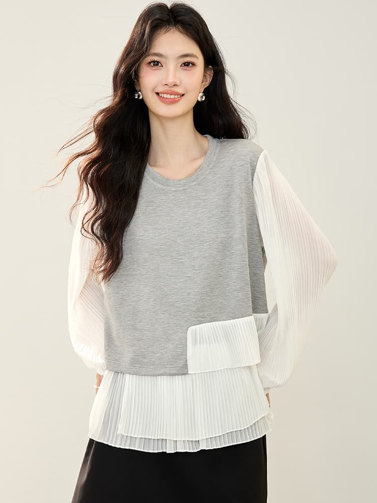실사 2026 가을 한국 스타일 패션 주름 레이스 패치워크 여성 셔츠 라운드 넥 풀오버 긴팔 후드티 이미지 4