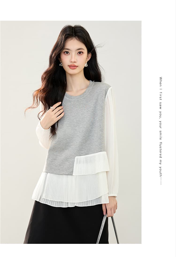 실사 2026 가을 한국 스타일 패션 주름 레이스 패치워크 여성 셔츠 라운드 넥 풀오버 긴팔 후드티 상세 이미지 6