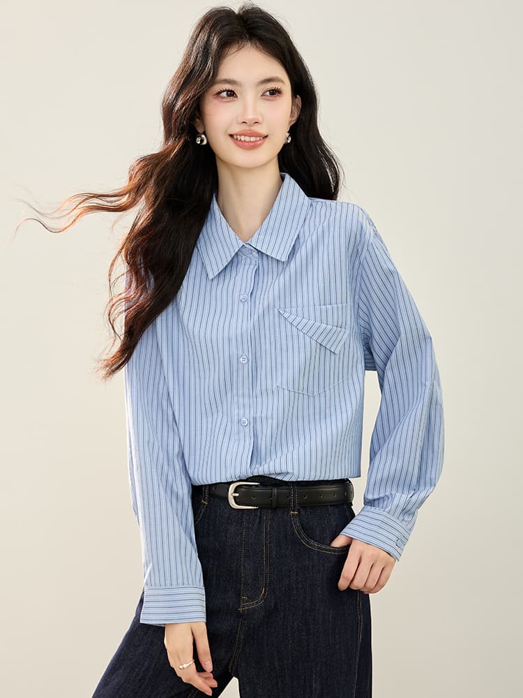 진짜 2026 새로운 가을 파란색 스트라이프 긴팔 셔츠 재킷 고급 프랑스식 느긋한 루즈핏 맨위 이미지 3