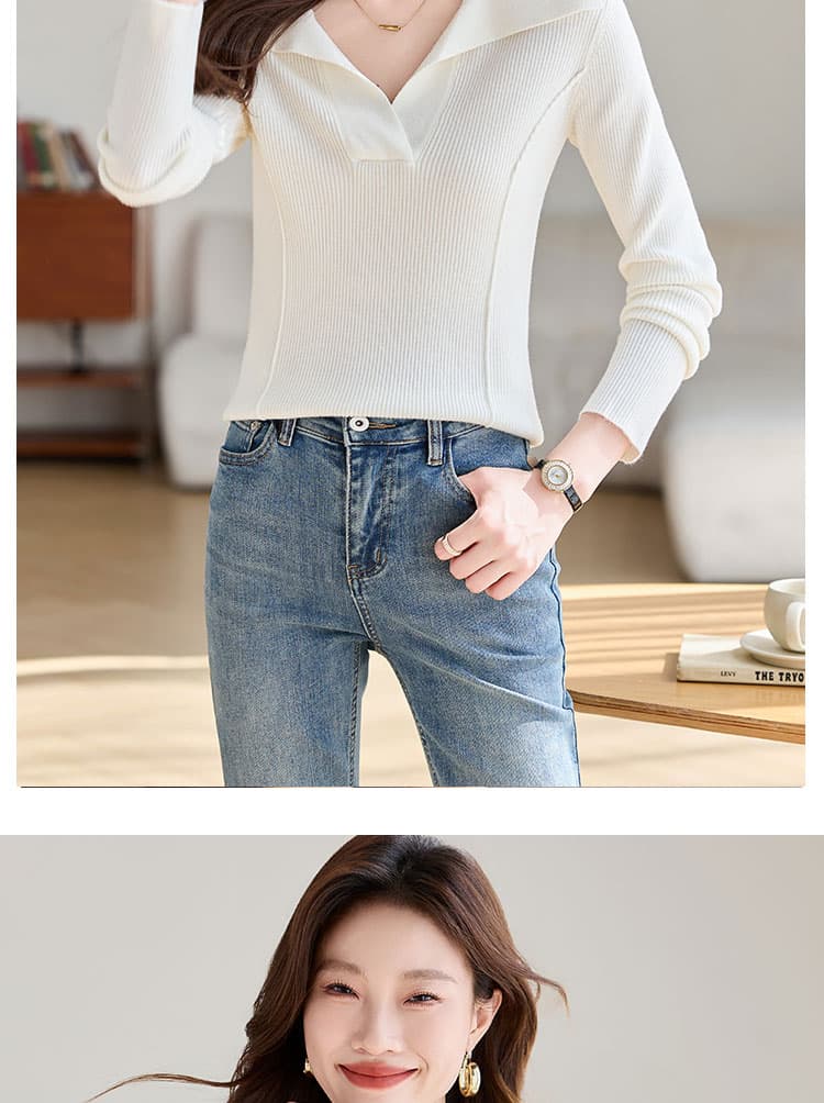 실사 폴로 칼라 몸매 가꾸기 슬림해 보이는 긴팔 맨위 여성 의류 2026 가을 의상 새로운 품격 다용도 맨위 상세 이미지 8