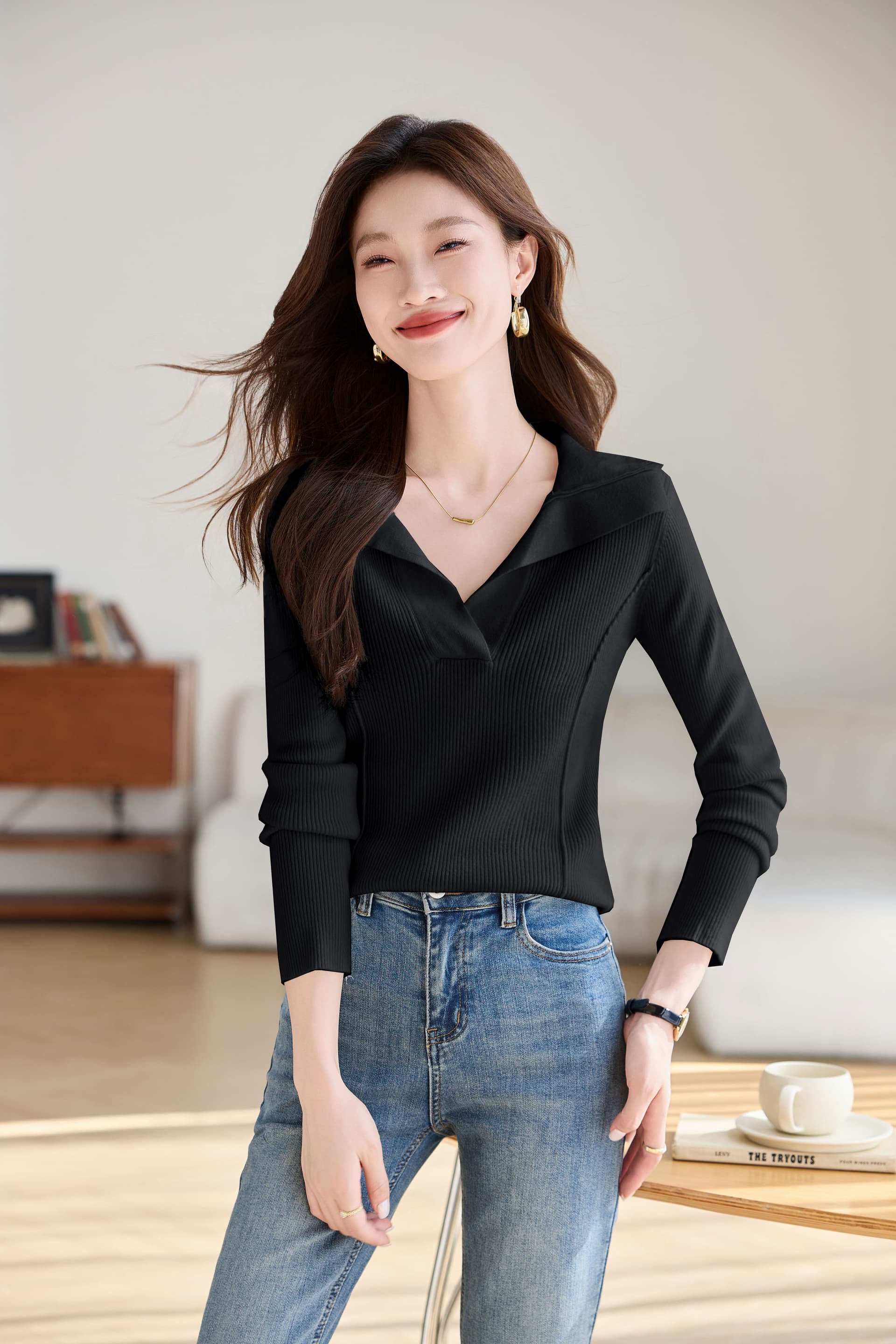 실사 폴로 칼라 몸매 가꾸기 슬림해 보이는 긴팔 맨위 여성 의류 2026 가을 의상 새로운 품격 다용도 맨위 상세 이미지 13