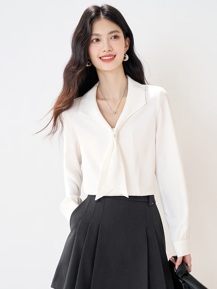실사 8985 화이트 색상 여성 셔츠 2026 가을 의상 새로운 프랑스식 V넥 출퇴근 착용 가져 가라. 비즈니스웨어 맨위 이미지 2
