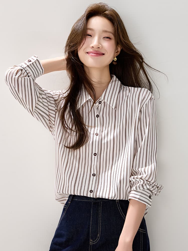 실사 스트라이프 여성 셔츠 2026 년 가을 의상 새로운 자이언트 잘 생긴 품격 출퇴근 레트로 작은 셔츠 맨위 이미지 3