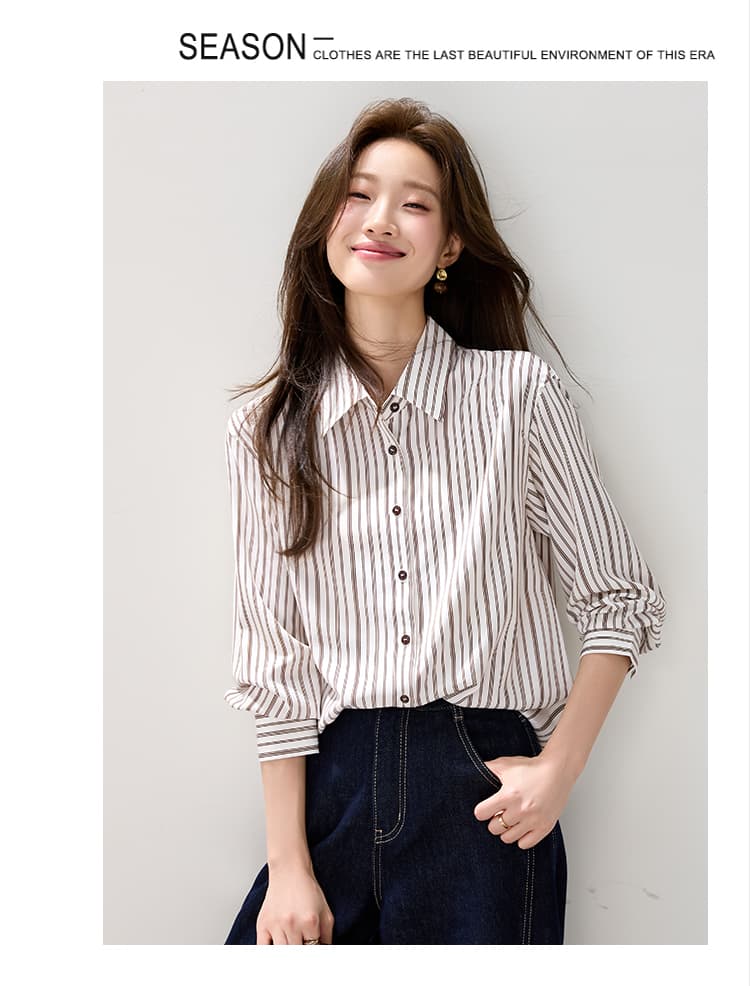 실사 스트라이프 여성 셔츠 2026 년 가을 의상 새로운 자이언트 잘 생긴 품격 출퇴근 레트로 작은 셔츠 맨위 상세 이미지 5