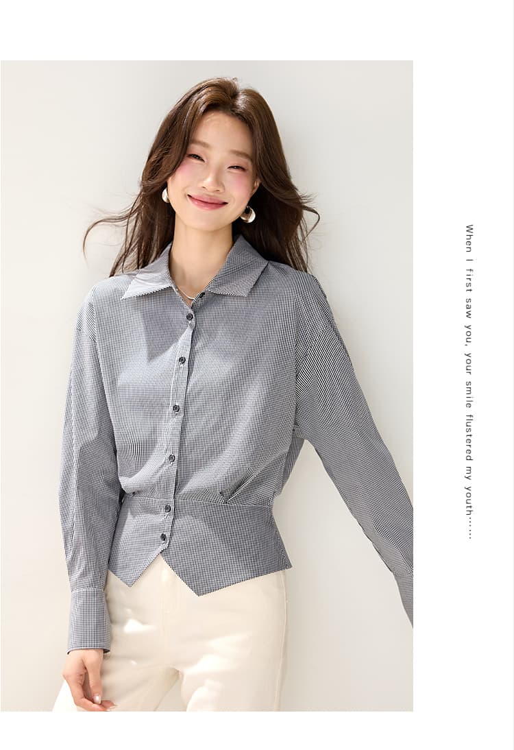 실사 품격 허리 수축 체크무늬 폴로 칼라 긴팔 여성 셔츠 2026 가을 의상 새로운 고급 센스 출퇴근 작은 셔츠 상세 이미지 6