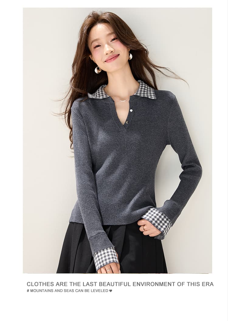 진짜 POLO 칼라 페이크 레이어드 니트 긴 소매 여성 T 2026 새로운 가을 의상 몸매 가꾸기 슬림해 보이는 풀오버 맨위 상세 이미지 9