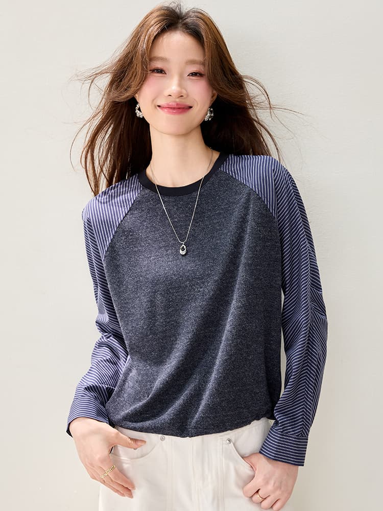 실사 스트라이프 패치워크 라운드 넥 T 여성 2026 가을 의상 새로운 루즈핏 캐주얼 슬림해 보이는 레트로 맨위
