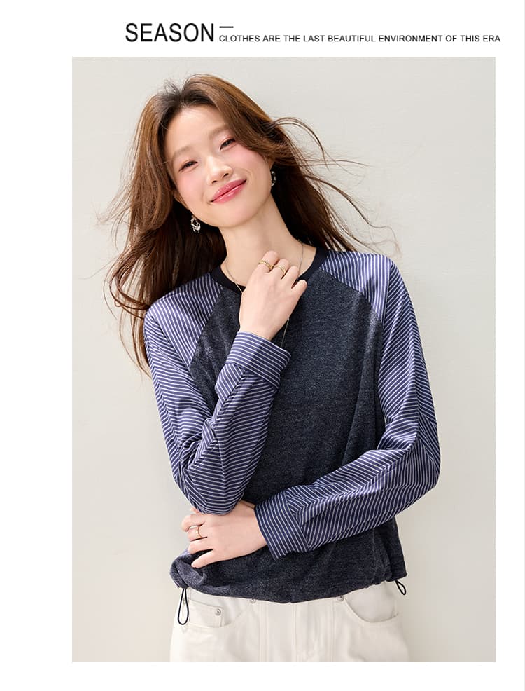 실사 스트라이프 패치워크 라운드 넥 T 여성 2026 가을 의상 새로운 루즈핏 캐주얼 슬림해 보이는 레트로 맨위 상세 이미지 5