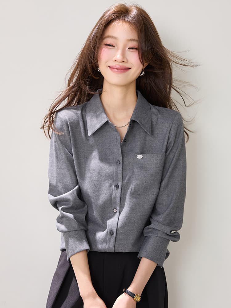 실사 2026 가을 새로운 고급 센스 품격 회색 셔츠 여성 긴 소매 폴로 칼라 출퇴근 슬림해 보이는 다용도 맨위