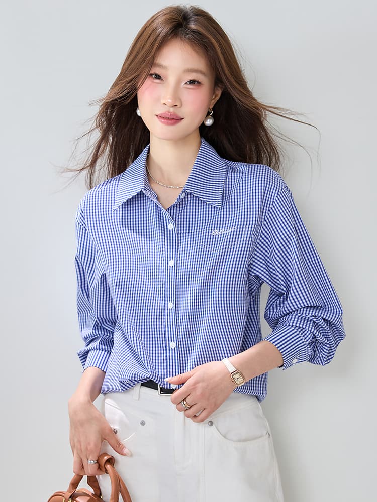 진짜 프랑스식 miu 부서 파란색 체크무늬 여성 셔츠 2026 가을 의상 새로운 루즈핏 스택 착용 학원 스타일 맨위 이미지 3