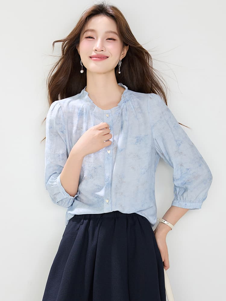 실사 프랑스식 긍정적 인 어깨 아마 여성 셔츠 2026 이른 가을 새로운 패션 외국 가스 파란색 중간 소매 7부 소매 맨위 이미지 4