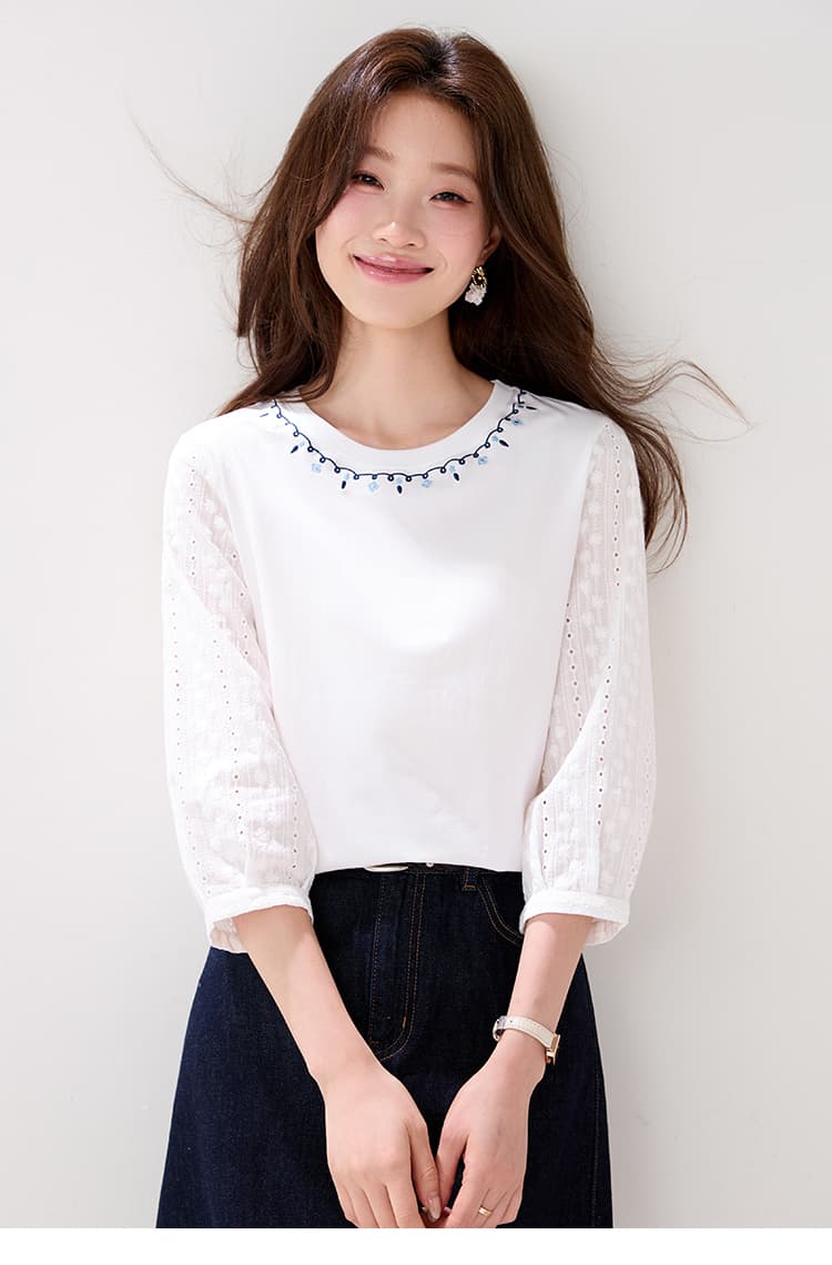 프랑스식 자수 레이스 7부 소매 화이트 T 여성 2026 이른 가을 새로운 캐주얼 바람 작은 셔츠 디자인 센스 맨위 상세 이미지 13