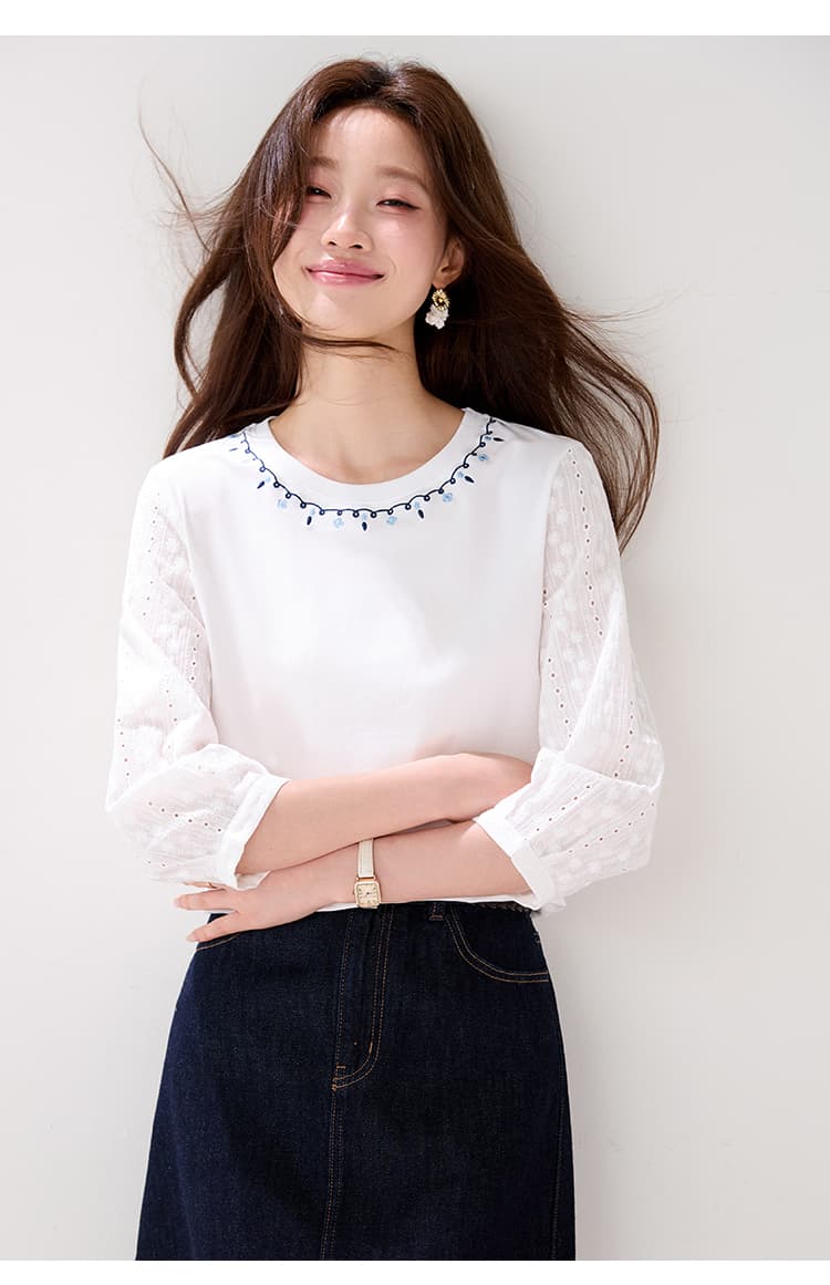 프랑스식 자수 레이스 7부 소매 화이트 T 여성 2026 이른 가을 새로운 캐주얼 바람 작은 셔츠 디자인 센스 맨위 상세 이미지 14