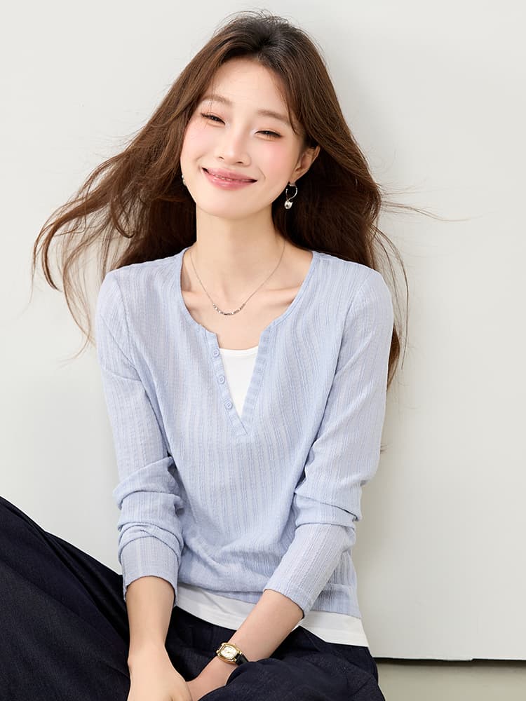 실사 페이크 레이어드 주름 질감 센스 긴팔 T 2026 가을 의상 새로운 배색 패치워크 긍정적 인 어깨 슬림해 보이는 맨위 이미지 5