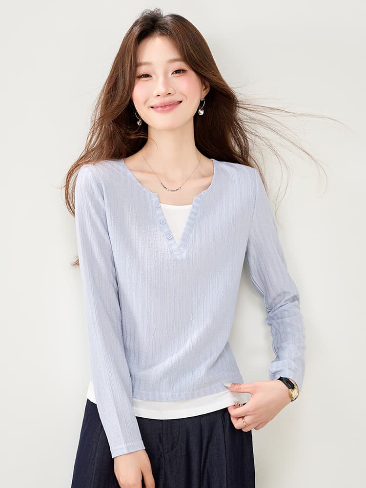 실사 페이크 레이어드 주름 질감 센스 긴팔 T 2026 가을 의상 새로운 배색 패치워크 긍정적 인 어깨 슬림해 보이는 맨위 이미지 4