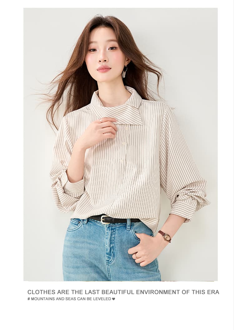 실사 세로 줄무늬 비스듬한 버클 출퇴근 캐주얼 긴팔 여성 셔츠 2026 가을 의상 새로운 긴팔 디자인 센스 셔츠 상세 이미지 10