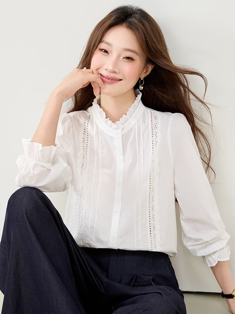 실사 9124 프랑스식 스탠드 칼라 레이스 순면 여성 셔츠 2026 가을 의상 새로운 자이언트 잘 생긴 화이트 출퇴근 셔츠 이미지 5