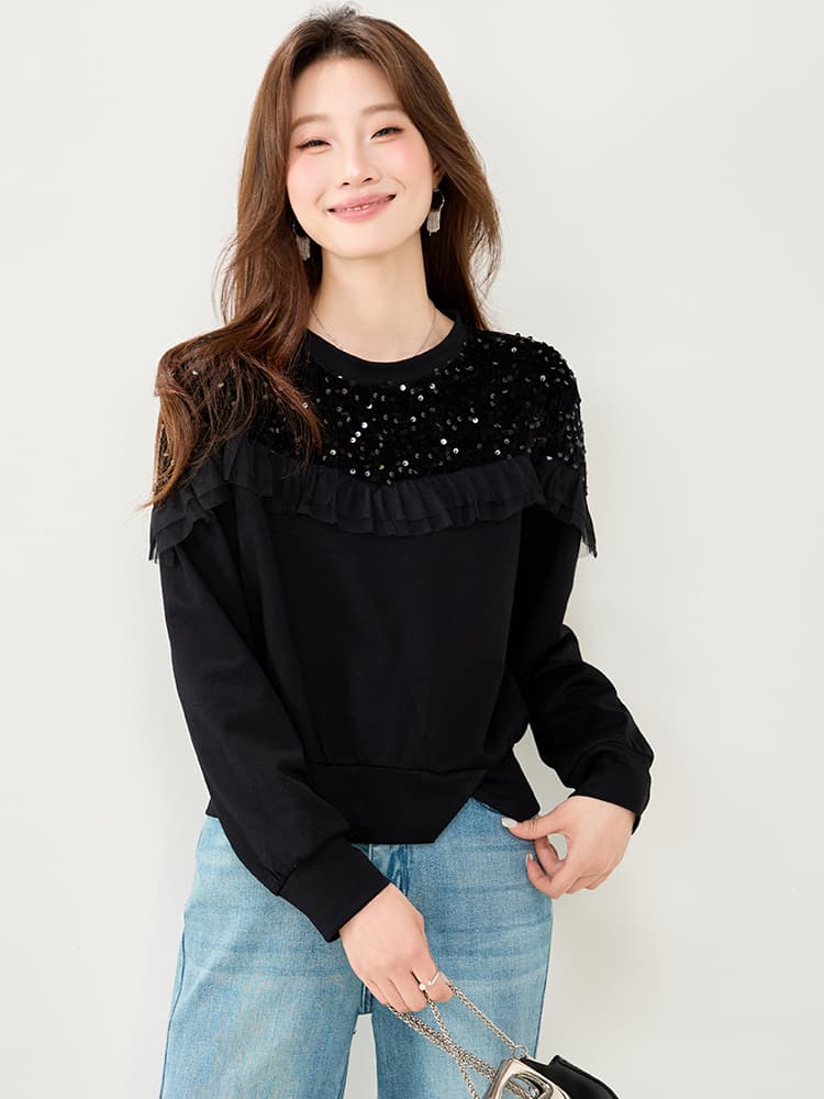 실사 검정색 스팽글 패치워크 레이스 후드티 여성 2026 가을 새로운 디자인 센스 작은 대중 라운드 넥 풀오버 맨위 이미지 2