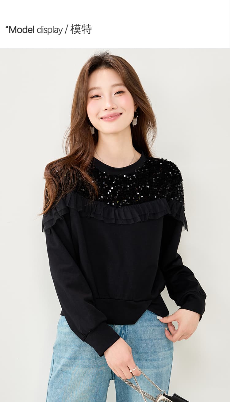실사 검정색 스팽글 패치워크 레이스 후드티 여성 2026 가을 새로운 디자인 센스 작은 대중 라운드 넥 풀오버 맨위 상세 이미지 4