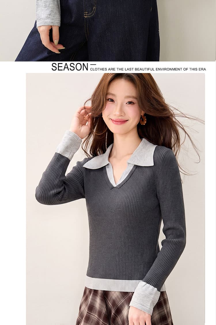 고급 센스 POLO 칼라 긴팔 니트 스웨터 기본 셔츠 여성 2026 가을 새로운 페이크 레이어드 레트로 유럽 상품 맨위 상세 이미지 4