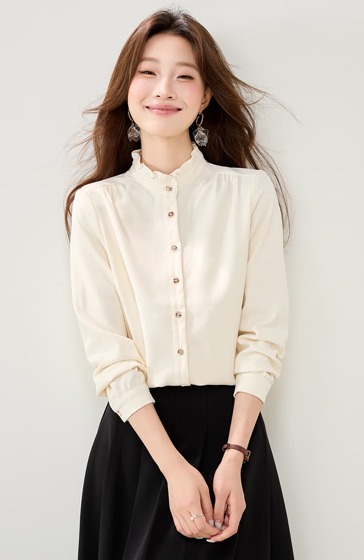 프랑스식 스탠드 칼라 프릴 여성 셔츠 2026 가을 의상 새로운 긴팔 셔츠 출퇴근 다용도 고급 센스 맨위 상세 이미지 9