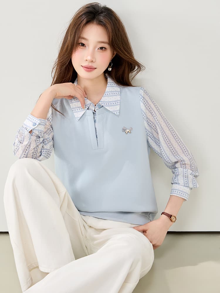 실사 2026 가을 새로운 페이크 레이어드 패치워크 주간 실크 셔츠 칼라 작은 말 자수 후드티 여성 셔츠 이미지 3