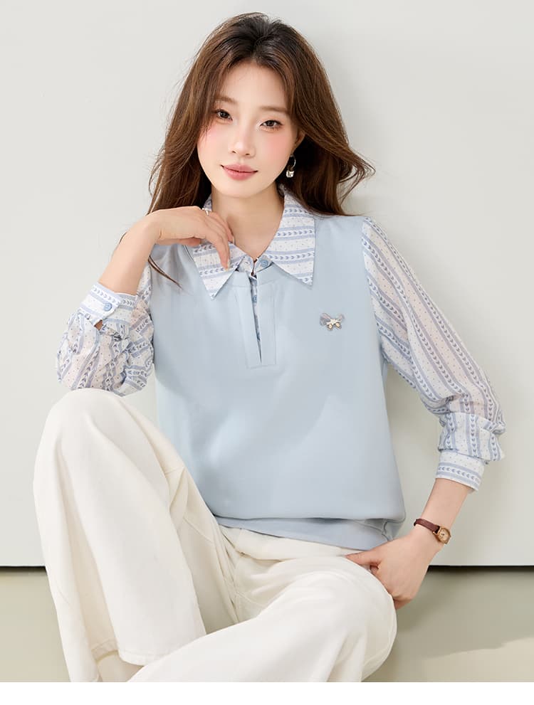 실사 2026 가을 새로운 페이크 레이어드 패치워크 주간 실크 셔츠 칼라 작은 말 자수 후드티 여성 셔츠 상세 이미지 7