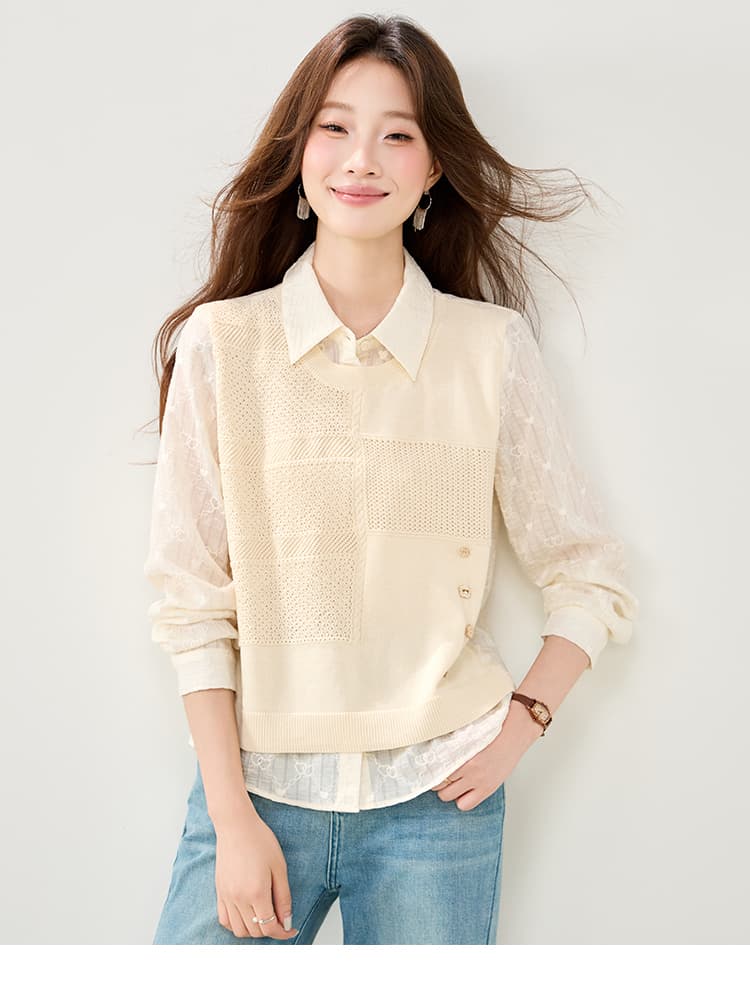 살구 색상 스택 착용 페이크 레이어드 여성 셔츠 2026 가을 의상 새로운 다용도 슬림해 보이는 홀로우 아웃 니트 패치워크 긴팔 맨위 상세 이미지 7