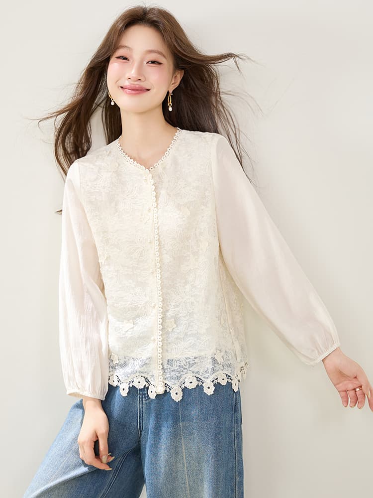 진짜 9149 프랑스식 레이스 홀로우 아웃 긴팔 여성 셔츠 2026 가을 새로운 라운드 넥 레이스 패치워크 자카드 맨위 이미지 3