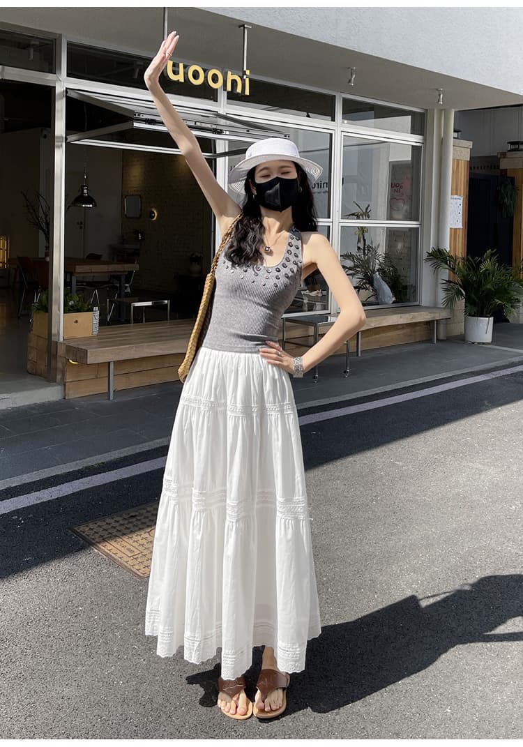실사 봄 여름 다용도 허리밴드 슬림해 보이는 한 바람 품격 레이스 조각 큰 진자 반신 스커트 롱 스커트 여성 상세 이미지 26