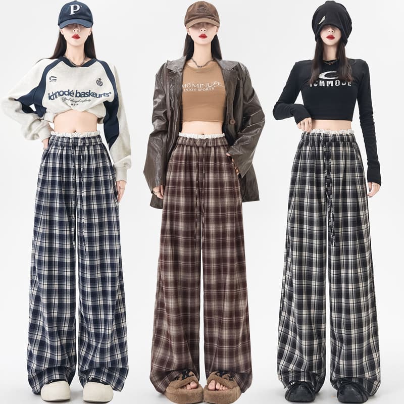 실사 레이스 레이스 체크무늬 와이드 레깅스 바지 2026 봄 하이웨이스트 느긋한 루즈핏 스트레이트 캐주얼 바닥 청소 바지 이미지 2
