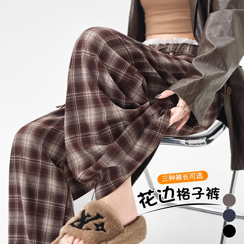 실사 레이스 레이스 체크무늬 와이드 레깅스 바지 2026 봄 하이웨이스트 느긋한 루즈핏 스트레이트 캐주얼 바닥 청소 바지 이미지 5