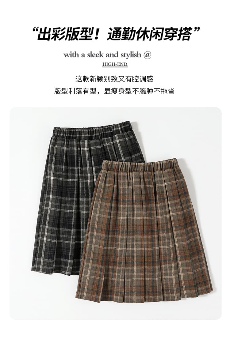 실사 모직 플리츠 체크무늬 반신 스커트 여성 가을 겨울 레트로 체크무늬 하이웨이스트 슬림해 보이는 한 마디 캐주얼 중간 길이 스커트 상세 이미지 8
