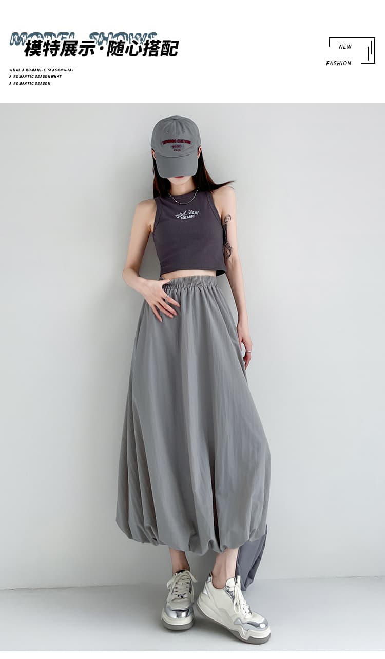 실사 아메리칸 느긋한 운동 바람 루즈핏 꽃밭 반신 스커트 여성 거리 회색 허리밴드 퍼프 스커트 중간 길이 스커트 상세 이미지 25