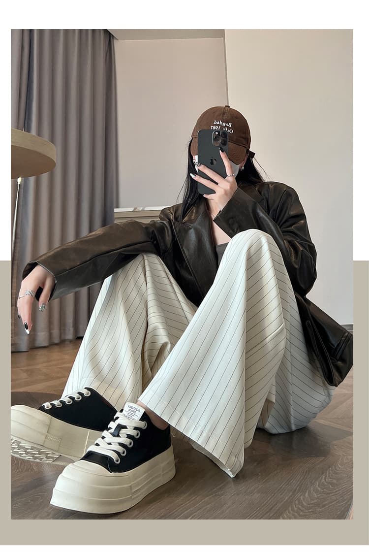 실사 스트라이프 정장 와이드 레깅스 바지 여름 디자인 센스 루즈핏 슬림해 보이는 하이웨이스트 스트레이트 도루 센스 캐주얼 바닥 청소 바지 상세 이미지 34