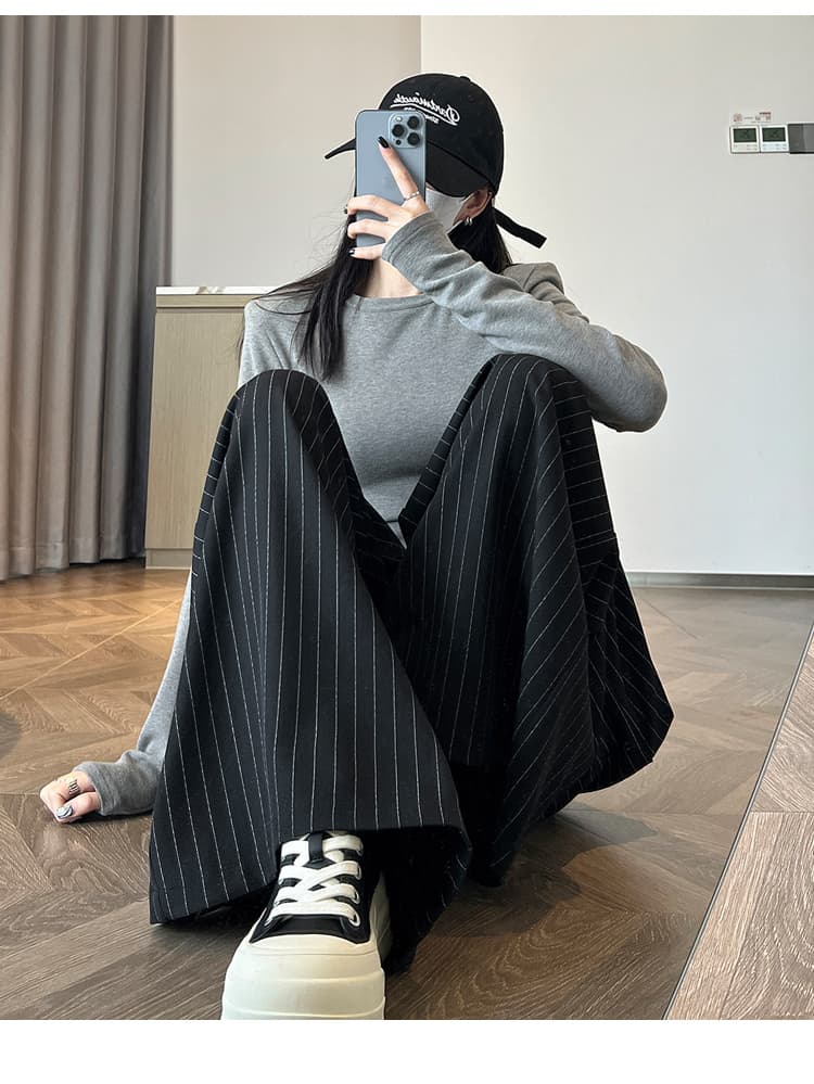 실사 스트라이프 정장 와이드 레깅스 바지 여름 디자인 센스 루즈핏 슬림해 보이는 하이웨이스트 스트레이트 도루 센스 캐주얼 바닥 청소 바지 상세 이미지 39