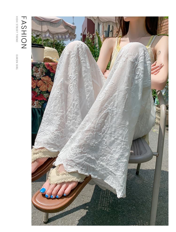 실사 홀로우 아웃 레이스 자카드 와이드 레깅스 바지 2026 여름 하이웨이스트 슬림해 보이는 디자인 센스 자수 자수 와이드 레그 팬츠 상세 이미지 25