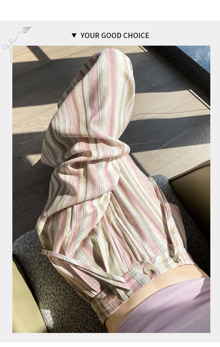 실사 얼음 실크 면 린넨 색상 스트라이프 와이드 레깅스 바지 여름 느긋한 바람 하이웨이스트 슬림해 보이는 아마 스트레이트 캐주얼 바지 상세 이미지 39