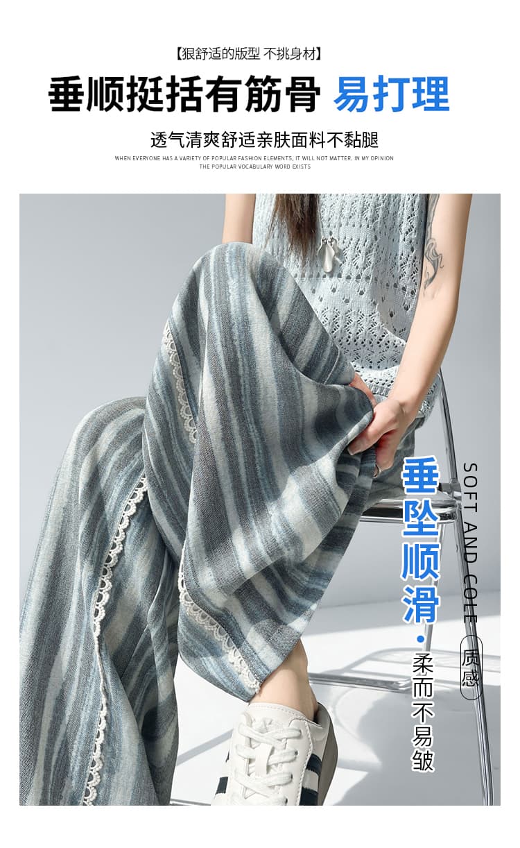 실사 얼음 실크 면 린넨 스트라이프 레이스 조각 와이드 레깅스 바지 여름 느긋한 바람 하이웨이스트 슬림해 보이는 스트레이트 캐주얼 바지 상세 이미지 18