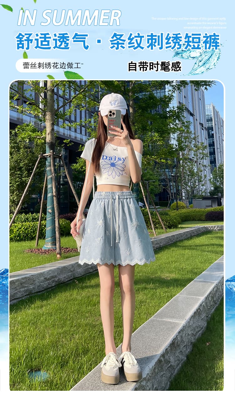 실사 파란색 스트라이프 자수 레이스 레이스 반바지 여성 2026 여름 하이웨이스트 루즈핏 슬림해 보이는 캐주얼 와이드 레그 팬츠 상세 이미지 1