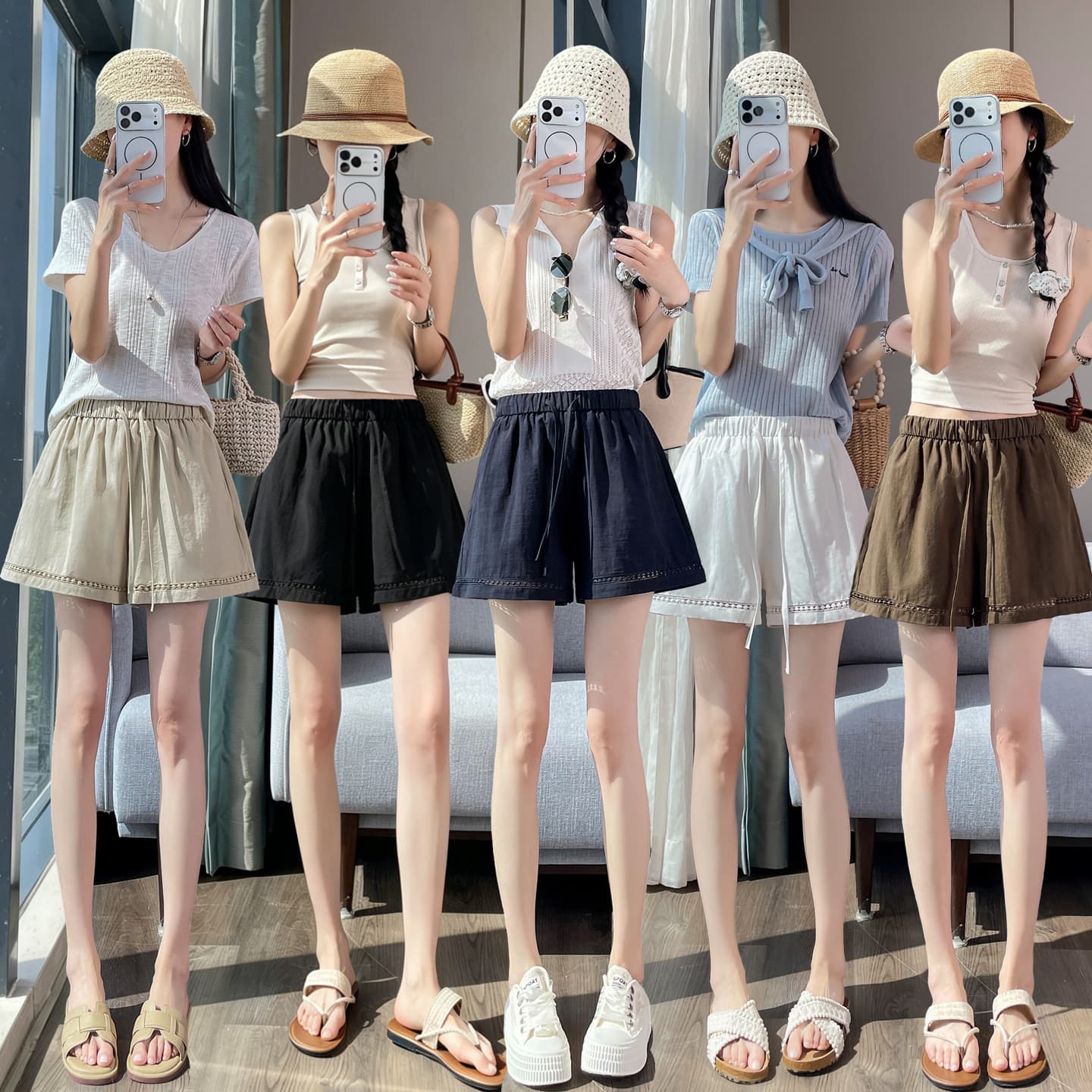 실사 레이스 홀로우 아웃 패치워크 얼음 실크 아마 반바지 여성 여름 하이웨이스트 한 마디 면 린넨 넓은 다리 외출용 3 점 바지 이미지 2