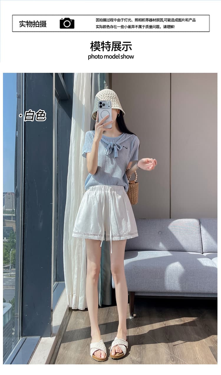 실사 레이스 홀로우 아웃 패치워크 얼음 실크 아마 반바지 여성 여름 하이웨이스트 한 마디 면 린넨 넓은 다리 외출용 3 점 바지 상세 이미지 24